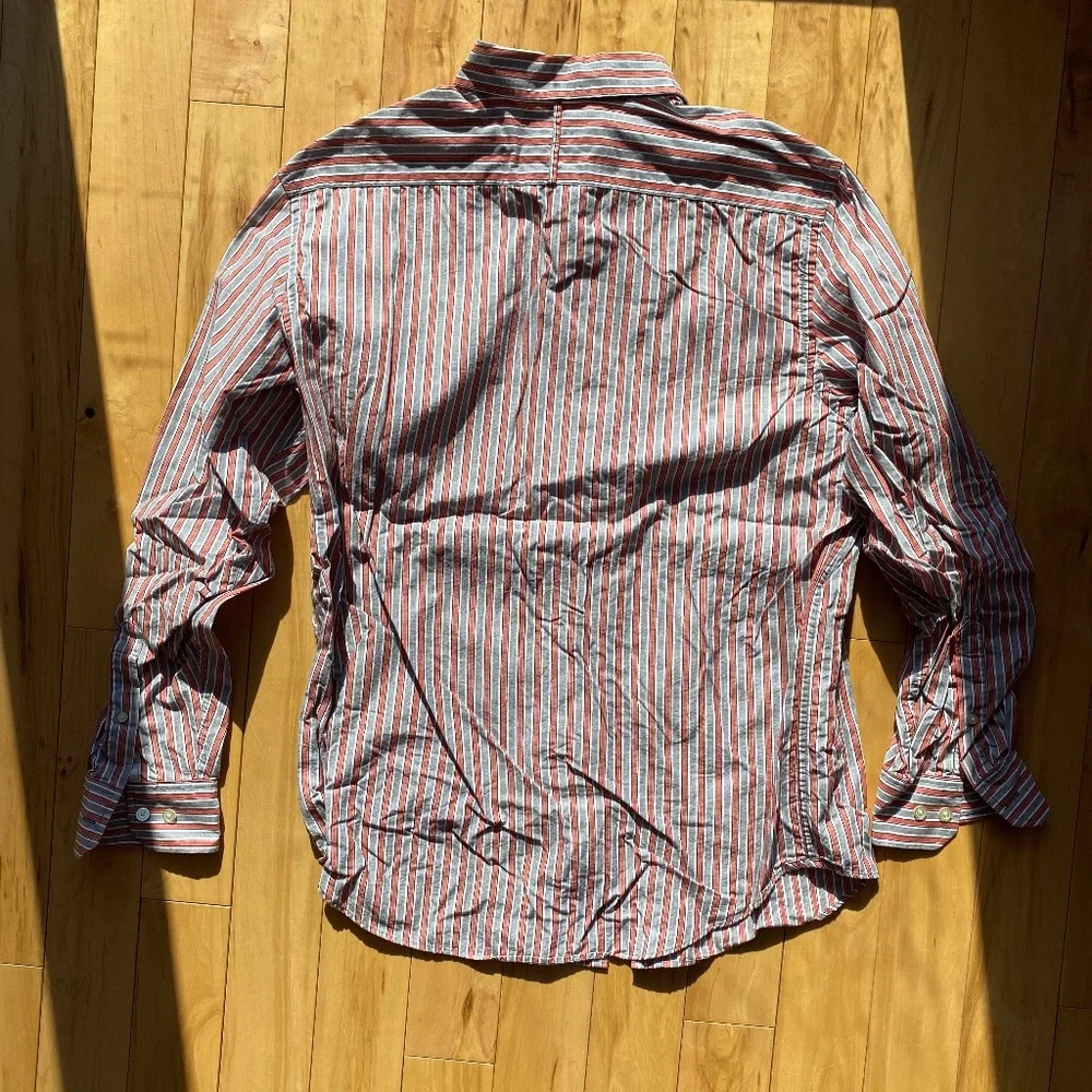 Banana Republic Mens Cotton LS Button Up Gray Brick Red Striped Shirt‎